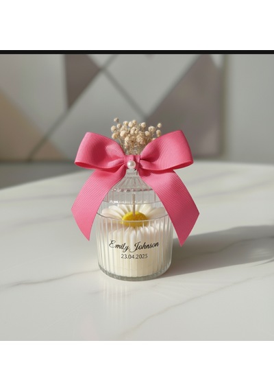 Papatya Desenli Mika Kutulu İsimli Mum Hediyelik Nikah, Nişan & Baby Shower 20 Adet