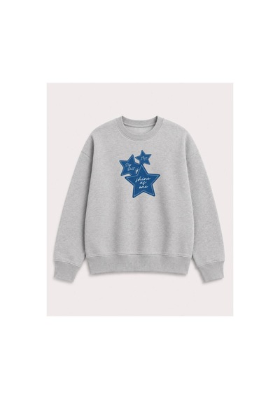 Herkesemoda Kot Efektli Yıldız Baskılı 2 İplik Şardonlu Bisiklet Yaka Sweatshirt Gri