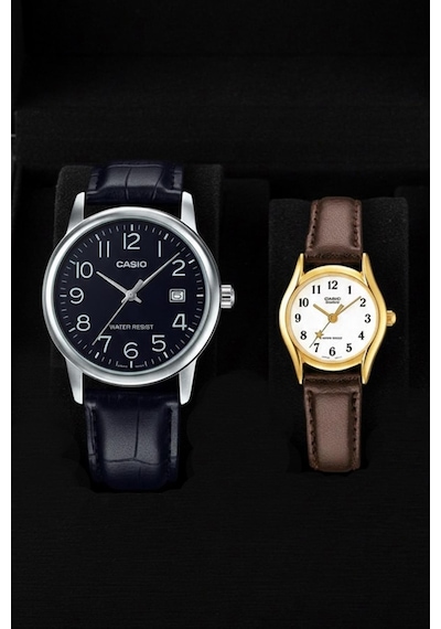 Casio Ltp-1094q-7b4rd-mtp-v002l-1budf Çift Saat Seti Siyah Kahverengi Deri Kordon Erkek Kadın Kol Saati Sarı