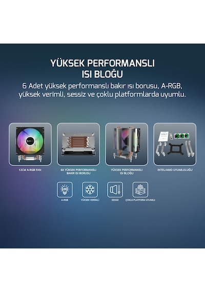 Gamepower Glace Tc6 Argb Siyah 1x120mm Lga1851/am5 İşlemci Hava Azaz3gmp0025