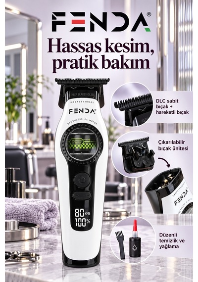 Fenda Profesyonel Saç Kesme, Ense Çizim Ve Sakal Tıraş Makinesi Beyaz Fnsacks0015