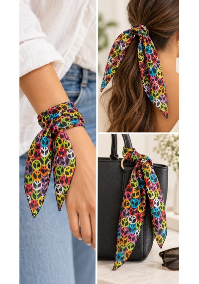 Herşeynota Peace Desenli Renkli 52x52 Cm %100 Pamuk Fular Bandana Unisex Çok Amaçlı Çok Renkli