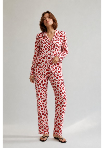 Fit Women Kadın Gömlek Yaka Düğmeli Gece Giyimi Kırmızı Pijama Takımı