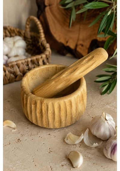Doğal Bambu Çizgili Havan Ve Tokmak Seti 11x6.5 Cm - Sarımsak Baharat Ezici Ve Öğütücü Ahşap Havan Takımı