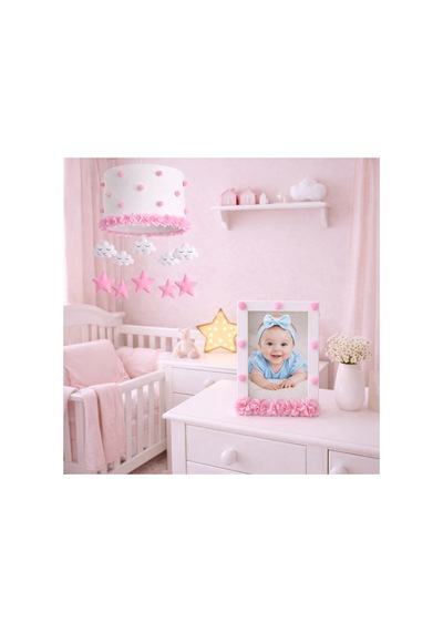 Kız Bebek Odası Avize Ve Çerçeve Seti Pembe Bulut Yıldızlı El Yapımı 30x20 Cm Şeker Pembe