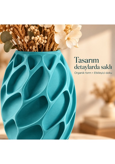Yaprak Desenli Dekoratif Vazo 20 Cm Kuru Ve Yapay Çiçek Vazosu Camgöbeği