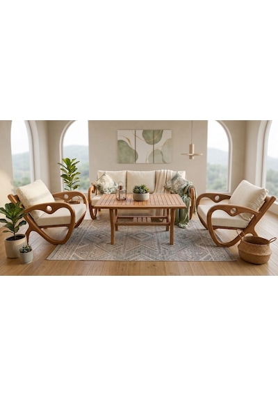 Gardenlove Bahçe Balkon Koltuk Masif Ahşap Kestane Ağacı 3+1+1 Koltuk Masa Takımı Krem