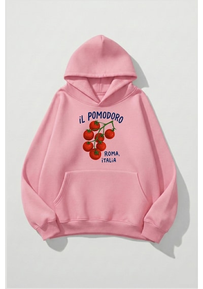 Uyguntarz Unisex Yumuşak Dokulu İl Pomodoro Roma Italia Baskılı Tasarım Oversize 3 İplik Hoodie Sweatshirt Pembe