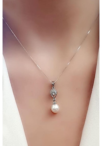 Zirkon Taşlı 925 Ayar Gümüş Zarif Inci Kolye (494477007)