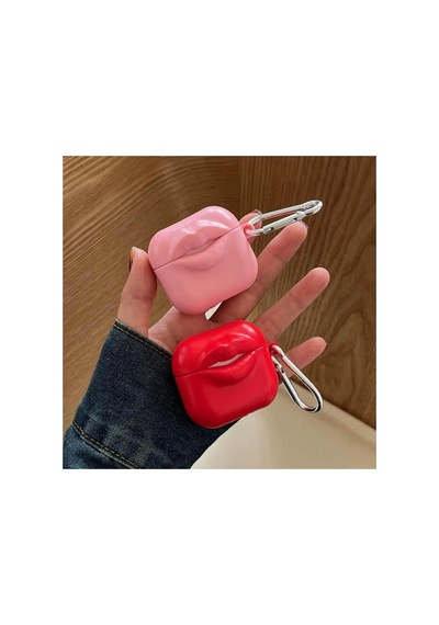 Caseonn Apple Airpods Uyumlu 5 Kılıf Kabartmalı Dudak Lip Pembe
