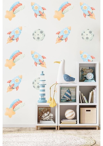 Sevimli Uzay Mekiği Ve Ay Temalı 20 Parça Çocuk Ve Bebek Odası Dekoratif Duvar Sticker Seti Figür 2