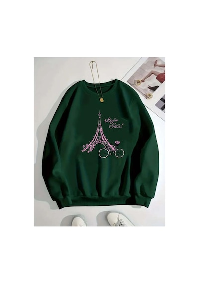 Herkesemoda Eyfel Baskı Detaylı Bisiklet Yaka İçi Polarlı Sweatshirt Yeşil