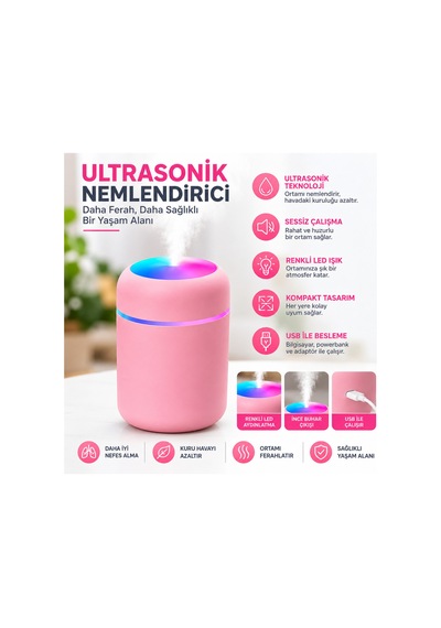Ultrasonik Hava Nemlendirici Renkli Led Işıklı Usb Mini Masaüstü Buhar Makinesi-pembe
