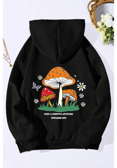 Unisex Mantar Baskılı Oversize Sweatshirt Siyah