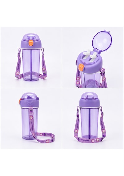 Heydiye Mâbeyn İkili Suluk 550 Ml Tritan Bpa-bps Free Matara, Çift Hazneli, Çift İçim Kapaklı, Bilek Ve Boyun Askılı, Sticker & 3d Figür Hediyeli Açık Mor