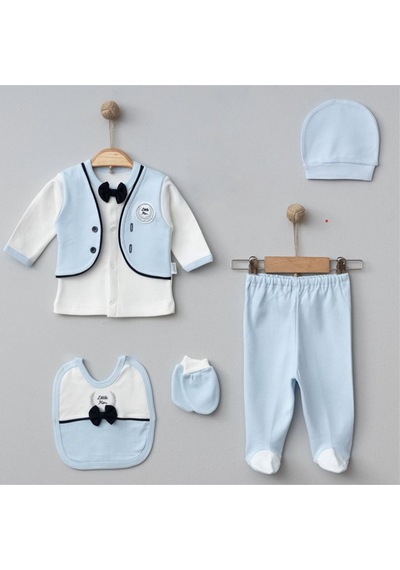 Zeynuko Erkek Bebek Papyonlu Little Man 5'li Yenidoğan Hastane Çıkışı Zıbın Seti Mavi