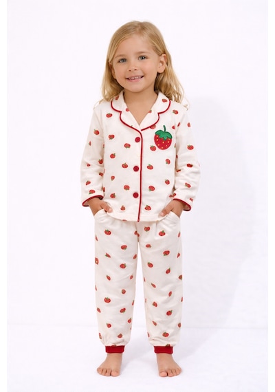 Çilek Desenli Yakalı Önü Düğmeli Kız Çocuk Pijama Takımı Beyaz