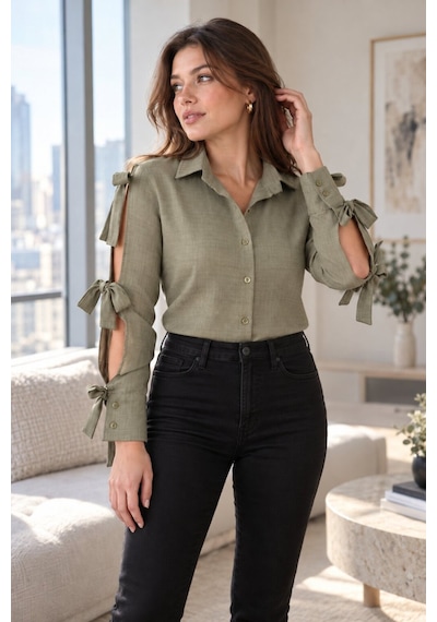 Armonika Kadın Çağla Yeşili Kolları Yırtmaçlı Bağcık Detaylı Gömlek Arm-26y001058