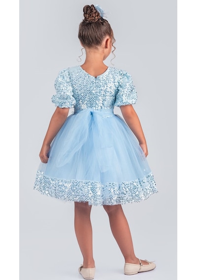 Mnk Baby & Kids Kız Çocuk Etek Ucu Pullu Venna Abiye Elbise M00761 Mavi