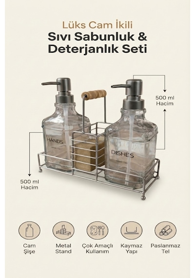 Makri Home Lüks Cam Ikili Sıvı Sabunluk & Deterjanlık Seti-500 Ml Cam Sabunluk, Bambu Kulplu Metal Stantlı Siyah