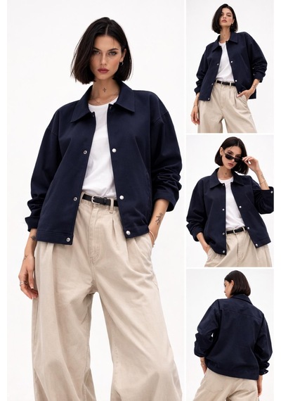 Kadın Oversize Basic Gabardin Mevsimlik Polo Yaka Ceket-385 Lacivert
