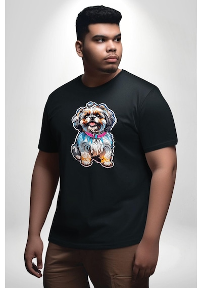 Angemiel Shih Tzu Renkli Köpek Siyah Büyük Beden Erkek Kadın Unisex Basic Ön Baskılı Tişört Siyah