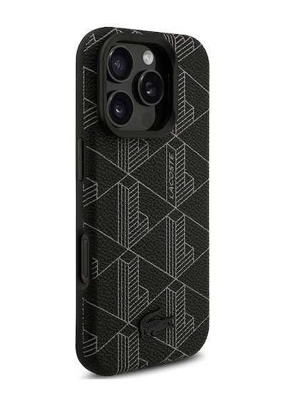 Apple Uyumlu iPhone 16 Pro Max Kılıf Lacoste Lisanslı M-safeli Standlı Pu Karışık Monogram Desenli Kapak Siyah Siyah