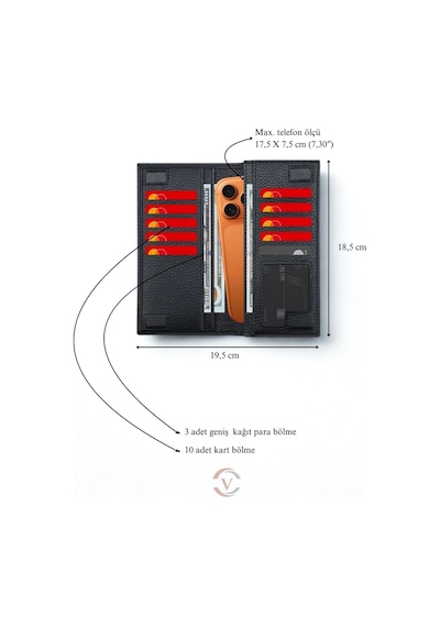 Vanilla Collection Telefon Bölmeli Cüzdan İsim Baskılı Mıknatıslı Ve El Bantlı Büyük Paraportföy El Çantası Siyah Siyah