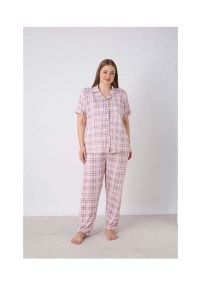 Estiva Kadın Kareli Pembe Kısa Kollu Önden Düğmeli Soft Battal Pijama Takımı Çok renkli