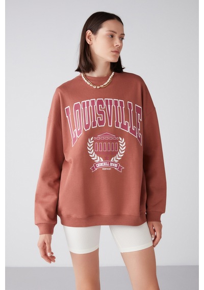 ETHIQUET RA ONA Kadın Oversize Yumuşacık İçi Polarlı Organik Pamuklu Baskılı Yuvarlak Yakalı Kiremit Rengi Sweatshirt