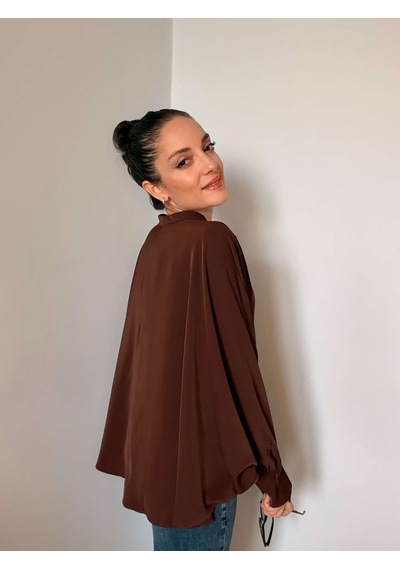 Ali Butik Kahve Yarasa Kol V Yaka Tasarım Gömlek Kahve