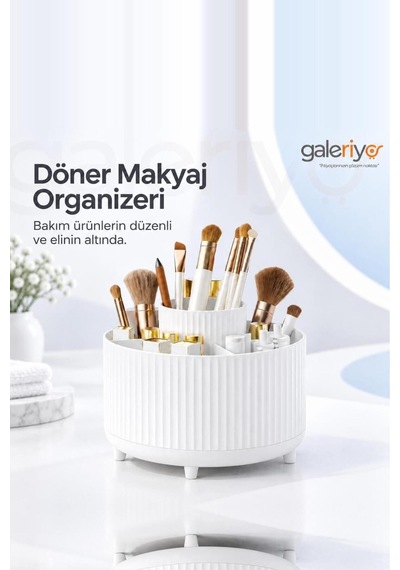 360 Derece Dönebilen 5 Bölmeli Makyaj Fırçası Organizeri Beyaz