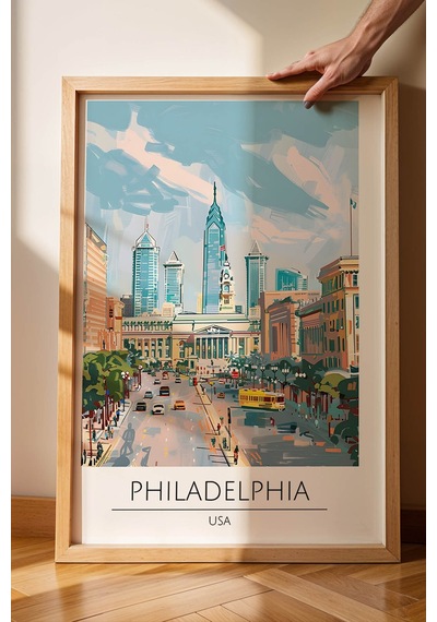 Abd Philadelphia Temalı Çerçeveli Tablo Travel Serisi Modern İllüstrasyon Şehir Duvar Dekoru Kayın