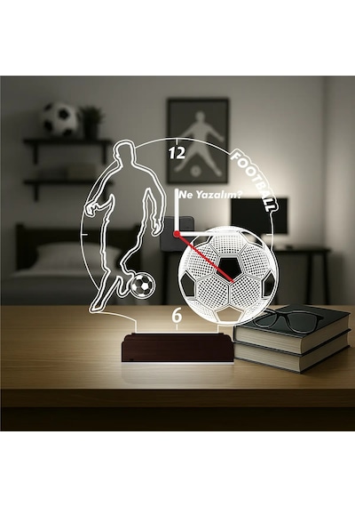 Luvivia Ronaldo Futbol Topu Kişiye Özel Saatli 3d Lamba - Masa Gece Lambası Şeffaf