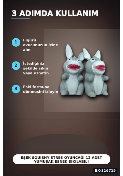 Eşek Squishy Stres Oyuncağı 12 Adet Yumuşak Esnek Sıkılabilir Figür Seti Bx-316715