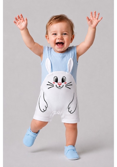 Babyden's Erkek Bebek Tavşan Desenli Yazlık Tulum Fitilli Pamuklu Kolsuz Bebek Tulumu Çıtçıtlı Romper 0-9 Ay Mavi