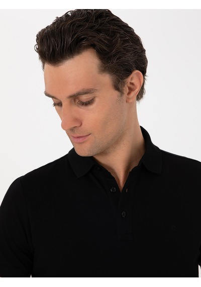 Siyah Slim Fit Polo Yaka Pamuklu Basic T-shirt