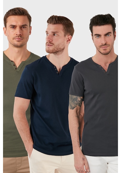 Buratti Pamuklu Düğme Detaylı Slim Fit V Yaka 3'Lü Paket Erkek T Shirt 5902122S3 Haki-Antrasit-Indigo