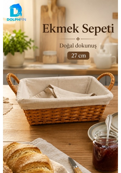 27 Cm Hasır Ekmek Sepeti Kumaş Astarlı Kulplu Dikdörtgen Sunum Sepeti Bej
