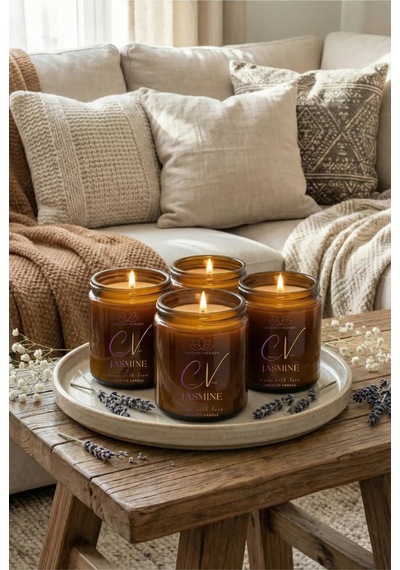 4 Lü Amber Cam Kavanoz Aromaterapi Mum Seti Yasemin Kokulu %100 Doğal Soya Wax Kapaklı 100 Cc Amber