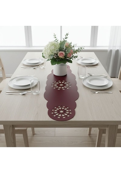 1 Adet Deri Runner-40x140 Cm-yıldız Desenli Runner Bordo