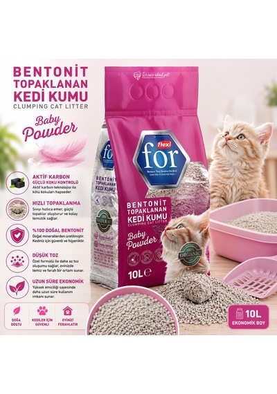 Bebek Pudralı Bentonit Topaklanan Premium Kedi Kumu 10 L - İnce Taneli - Tozsuz