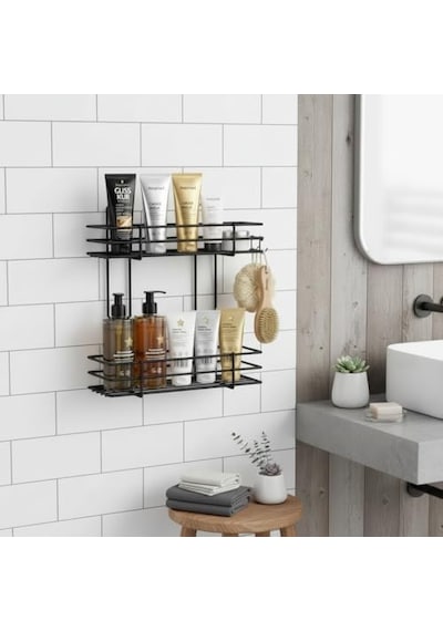 Yapışkanlı 2 Katlı Banyo Rafı Duş Şampuanlık Duvar Düzenleyici Organizer 000 Açık Krem
