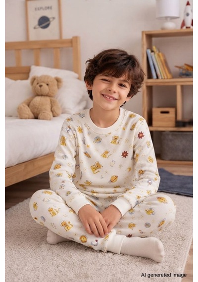 Erkek Çocuk Yeni Sezon Pamuklu Desenli Pijama Takım Tkm1022 Krem