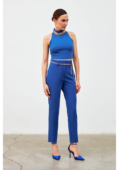 Sateen Zincir Aksesuarlı Crop Bluz - Sax Mavi Saks Mavisi