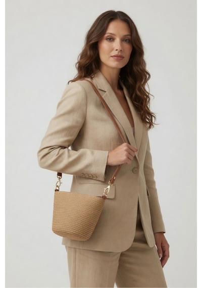 Mollycrush Yazlık Mini Hasır Camel Omuz Çantası Deri Askılı Plaj Ve Günlük Kullanıma Uygun Model Camel2
