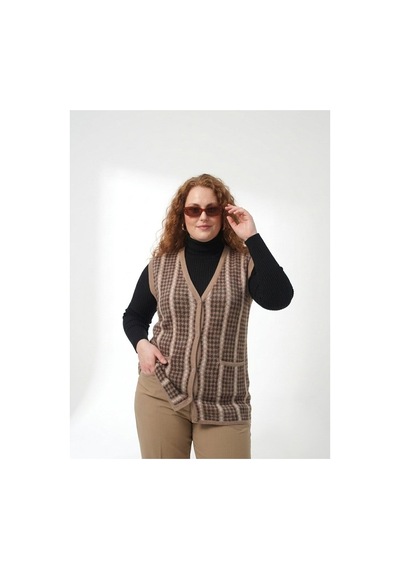 Onno Style Women Büyük Beden Kazayağı Desen Renkli Çelik Örgü Triko Kadın Yelek Krem