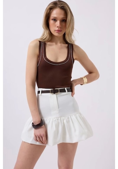 Defymoda Büzgü Detay Mini Etek Beyaz