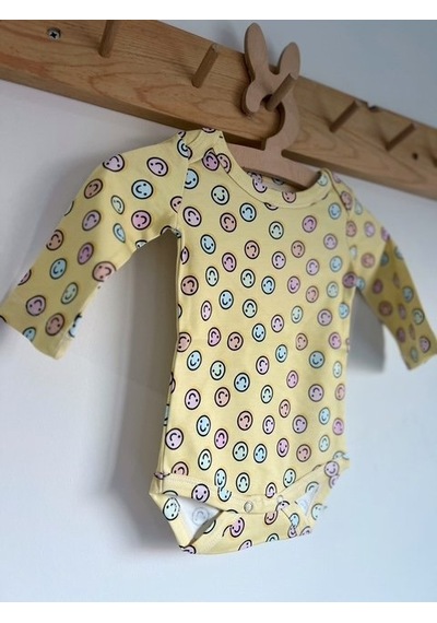 Key Kids Gülen Yüz Sarı %100 Organik Pamuklu Unisex Bebek Body Zıbın