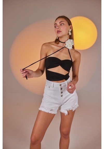 Holly Lolly Yırtık Detaylı Likralı Distressed Jean Şort Beyaz